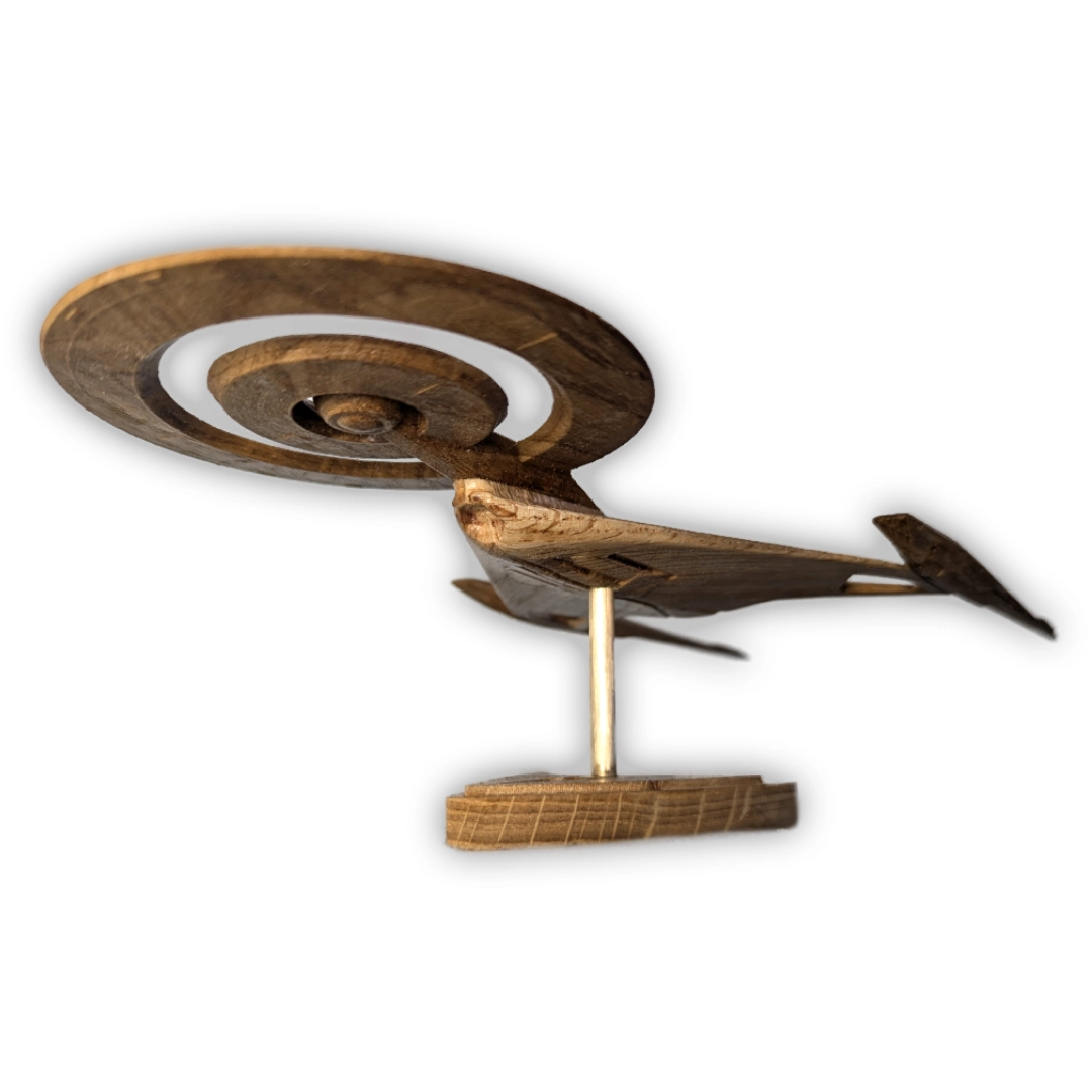 A Star Trek ship, very thin, with nested donut-shaped saucers on the front and a sleek, V-shaped body leading to two flat nacelles.